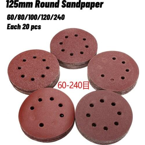 100pcs 125mm 60 80 100 120 240 Grit Round Shape Sanding Discs Buffing Sheet Sandpaper 8 Hole Sander Polishing Pad Each of 20