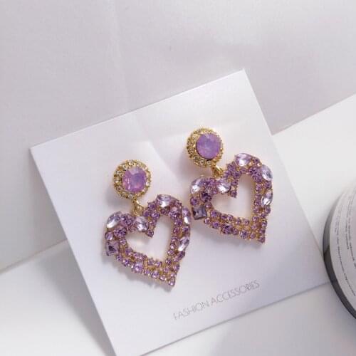 2020 New Korean Luxury Exquisite Purple Big Heart Clip on Earrings No Hole Temperament Elegant Rhinestone Love Heart Earrings