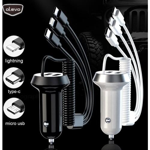 3.4A Dual USB Car Charger Adapter One For Three Belt Line Fast Lightning Micro USB Type-C Vehicle Metal Charger Quick Charger