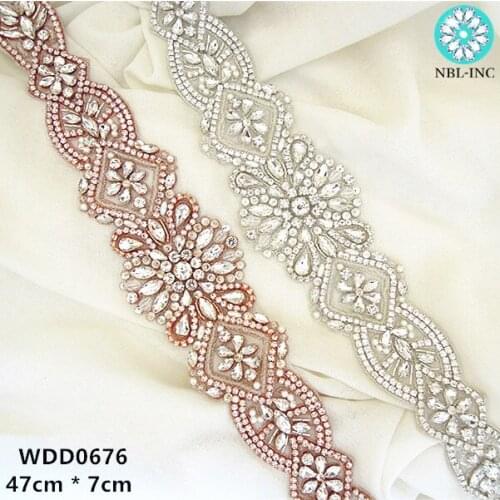 30PCS)Wholesale bridal sash beaded sewing silver rose gold crystal rhinestone appliques for wedding dresses sash belt WDD0676