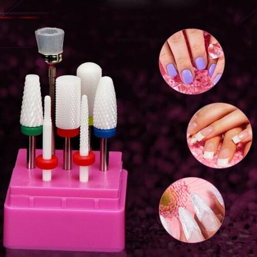 7x Ceramic Nail Drill Bit Set Barrel Head for Electric Drill Bits Coarse Grinding Tool with Display Stand