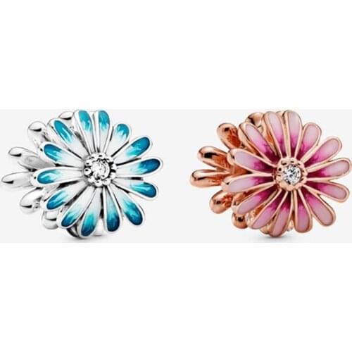 GChic S925 Pink Blue Daisy Flower Charms Beads Fit Original Pandora Bracelet DIY Beads Base Chain Charm Women Jewelry Gifts