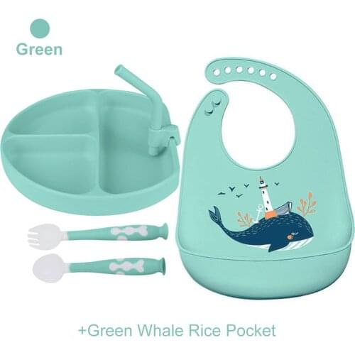 Baby Silicone Tableware Set Infant Solid Color Waterproof Bib Newborn Feeding Burp Cloth Toddler Dinner Plate And Spoon Fork