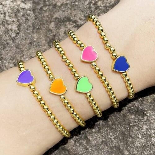 FLOLA Copper Small Heart Bracelets For Women Gold Bead Chain Enamel Colorful Bracelets Women Jewelry 2021 brtd80