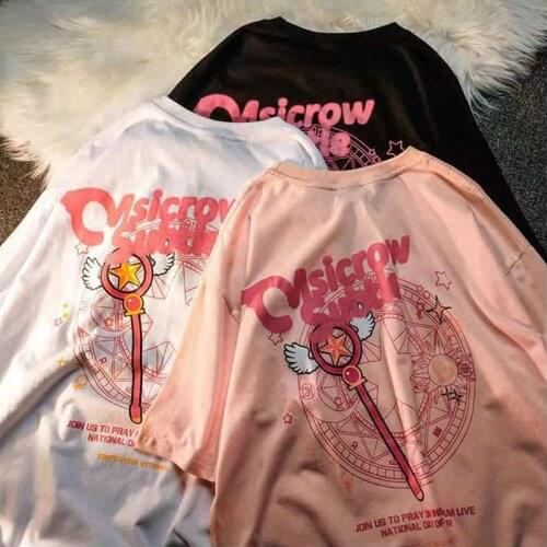 Harajuku Sakura Card Captor T shirt Short Sleeve Y2K Women Kawaii Magic Wand Chic Casual Loose Summer Girls Tops Tee New