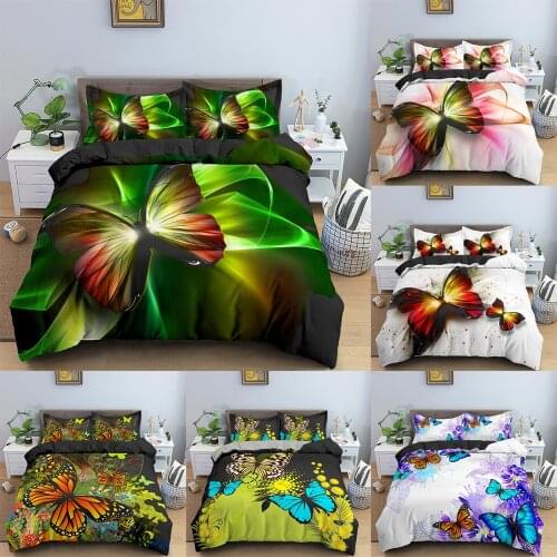 Butterfly Bedding Set Colorful Butterfly Print Duvet Cover With Pillowcase Creative Luminous Flower 2/3pcs Cartoons Home Textile