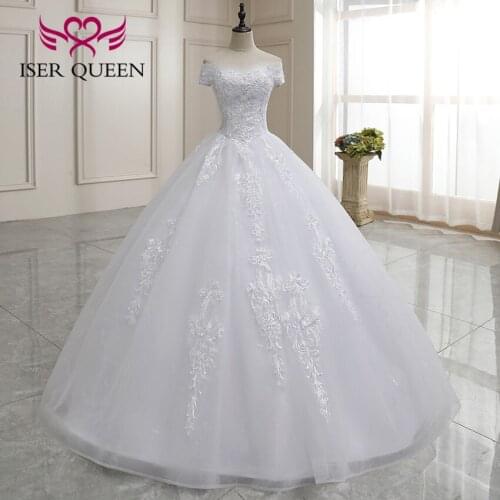 Lace Appliques Wedding Dresses 2021 New Bright Sequin Beaded Off Shoulder White Bride Dress for wedding party WX0183