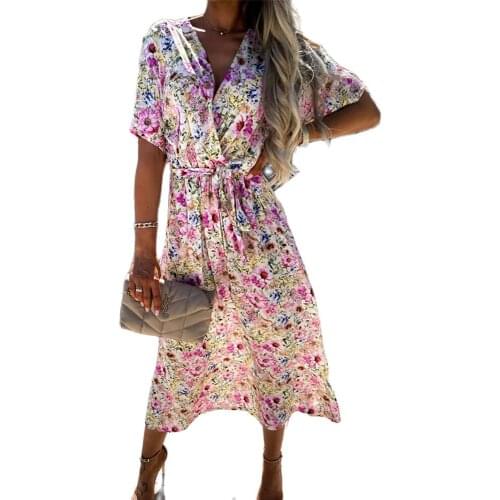 Hot-Selling Fashion Good Quality Womens 2021 Summer New Casual Belt Lace Flower Print Mid-Length V-Neck Short-Sleeved Dress