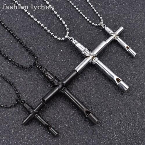 Fashion lychee Unisex Metal Cross Whistle Pendant Necklace Chain Silver Black Color Men Women Drop Jewelry Accessories