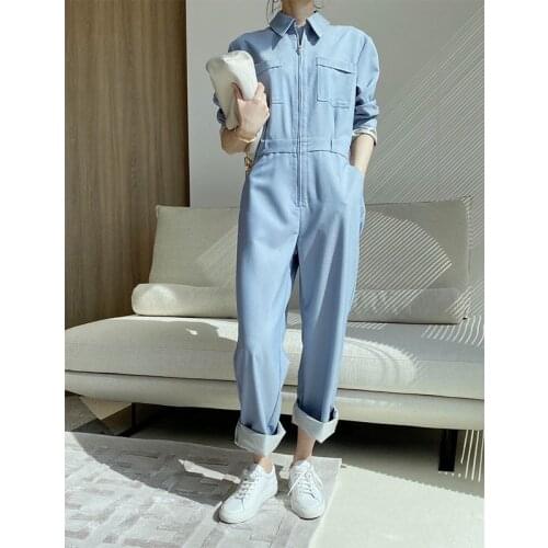 Fashion New Lapel Stitching Loose Long Jumpsuit 2 Colors French Retro All-match Tall Fashion Handsome Lady Workwear High Quality