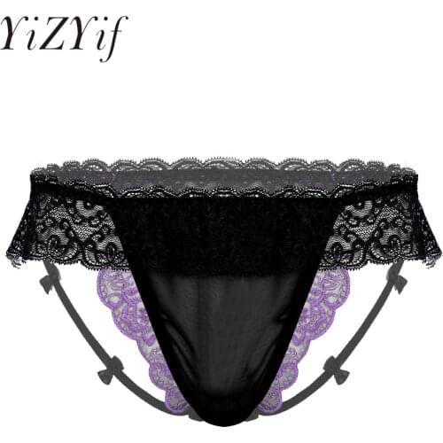 Mens Lingerie Floral Embroidery Lace Ruffles Briefs See-through Low Waist Sissy Underpants Bowknot Underwear for Valentines Day