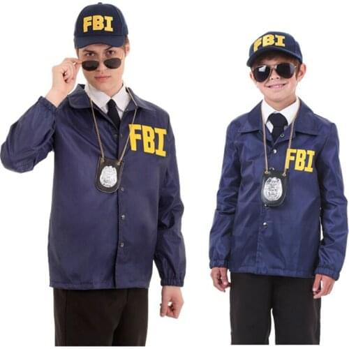 Dress Up FBI Agent Police Uniform Bule Top & Hat Costume Fancy Dress Outfit Adult Kids Police Cosplay Costume