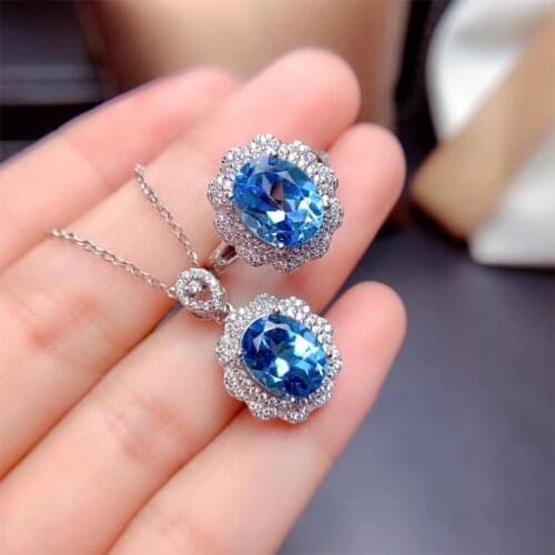 Yanleyu New Arrival Luxury Sapphire Bridal Engagement Jewelry Sets 925 Sterling Silver Blue Crystal Pendant Necklace&Ring PS011