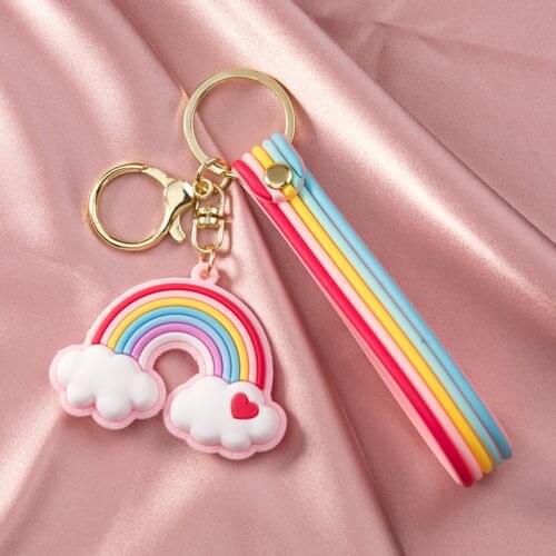 New PVC Cute Rainbow Keychain Love White Cloud Car Keyring Bag Couple Pendant Soft Colorful Lanyard Gift Stationery Supply