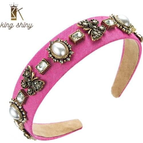 King Shiny Ethnic Crystal Butterfly Headband for Woman Vintage Imitation Pearl Beaded Hairband Girl Party Hair Accessories Bezel