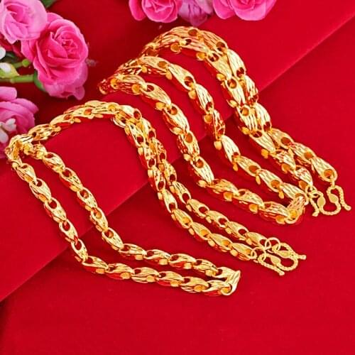 Genuine 24k Yellow Gold Melon Seed Necklace For Women Men Fashion Sand Gold Necklaces Chain Wedding Party Fine Jewelry Gifts