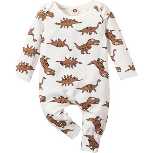 OPPERIAYA Autumn Jumpsuits Dinosaur Print O-Neck Long Sleeves Rompers with Buttons for Toddlers Baby Girls Boys 0-24 Months