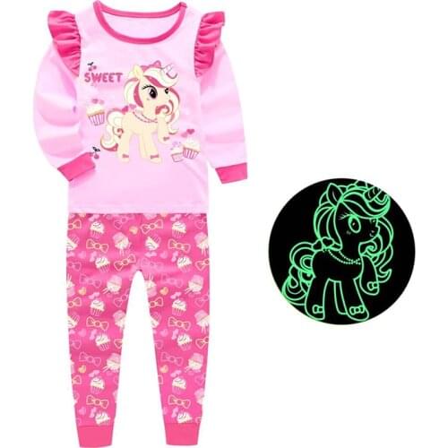 100% Cotton Childrens Pajamas Night Light Girls' Pajama Childrens Fashion Cartoon Unicorn Suit Home Girls' Sleepcoat Suits