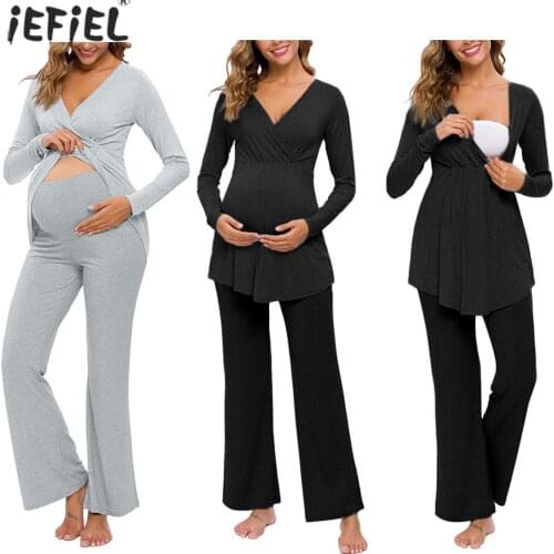 Maternity Breastfeeding Pajamas Sets Lounge Pregnancy Nursing Nightgown Pregnancy Women Long Sleeve T-shirt Top+Pants Sleepwear