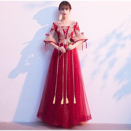 Bow Flare Mesh Sleeves Cheongsam Flower Appliques Sequins Qipao Square Collar Pleated Dress Gown Burgundy Tassel Robe De Soiree