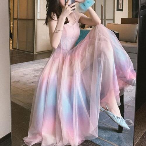 Elegant Rainbow Strap Dress Women Korean Sleeveless Long Y2k Dress Femme Casual Party Kawaii Dress Summer Womens Clothing 2021