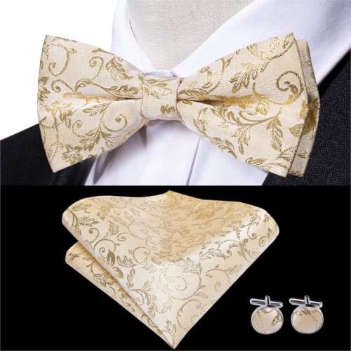 Hi-Tie Silk Pre-tied Mens Bowtie Men Bow tie Cufflinks Hankerchief Set Red Blue Green Black White Purple Floral Paisley Solid