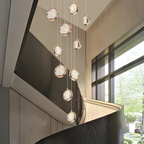 Modern Staircase Chandelier Villa Living Room Ball Crystal Lighting Rectangle Kitchen Island Hanglamp LED Chandelier Loft