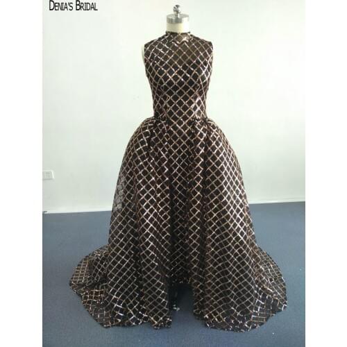 2018 Mermaid Evening Dresses with High Neckline Sequins Floor Length Sleeveless Detachable Train Party Prom Gowns