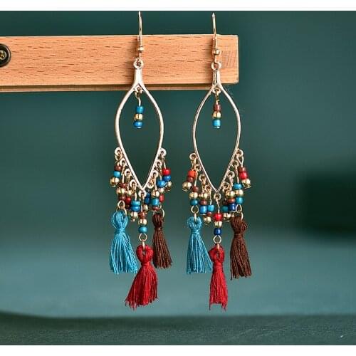 Vintage Long Bohemian Style Beaded Cotton Thread Hanging Drop Earrings Female Indian Jewelry Ear Pendant Fringe Tassel Earring