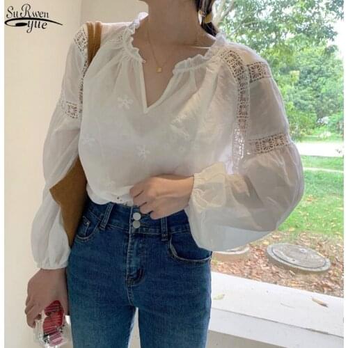 Summer New 2021 Niche Design V-neck Embroidery Hollow Loose Long Sleeve Shirt Female Silm Sweet Solid Office Ladies Blouse 14818