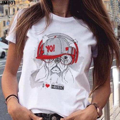 Music-loving Dog Funny Printing Woman Tshirt Harajuku Womens Tops T Shirt Fashion Casual Short Sleeved White Female T-shirt