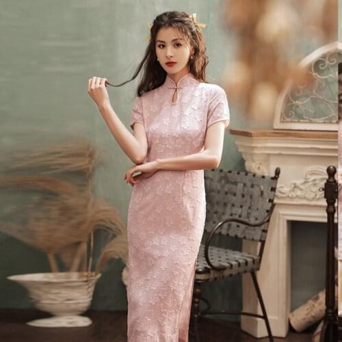 Women Vintage Chinese Pink Print Short Sleeve Qipao Fashion Female Improved Party Modern Cotton Cheongsam Plus Size M-3XL