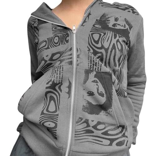 Womens Zip Up Hoodie Fashion Portrait Print Long Sleeve Hooded Sweatshirt Spring Autumn Ladies Loose Hoodie Jacket Streetwear