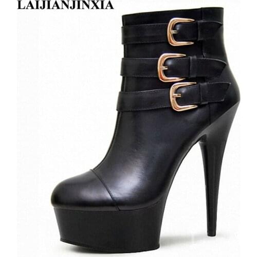 LAIJIANJINXIA Buckle Sexy Spring Women Pole Dance Shoes Night Club Party Dancing Shoes Platform 15cm High Heels Ankle Boots