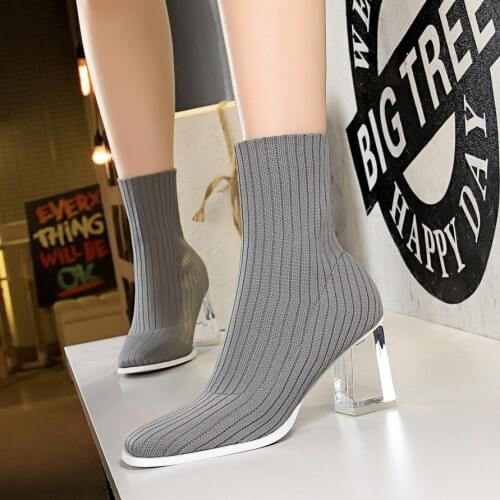 Womens Korean-Style Fashion Transparent Crystal High Heel Winter Short Boots All-match Slim Wool Short Boots