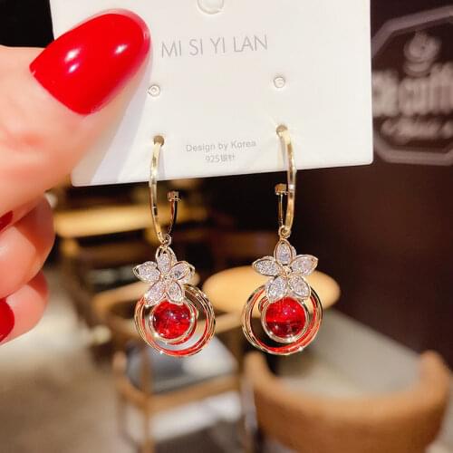 Tidal personality fashion exaggerated earrings earpin zircon red opal earrings pendant Korean version style earrings female