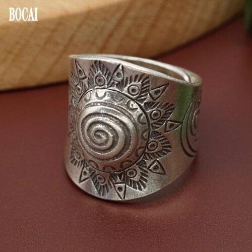 New solid s925 pure silver woman ring vintage Thai silver wide version exaggerated personality bohemian style sun totem handmade