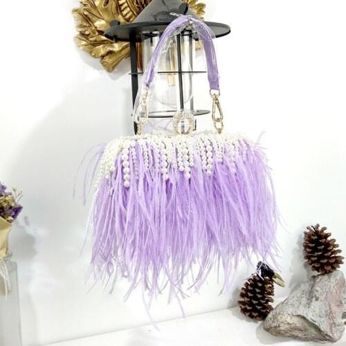 2020 Luxury Feather Pearl Bag Women Famous Designer Ostrich Feathers Evening Bags Ladies Dinner Party Handbag Fall Winter Purses