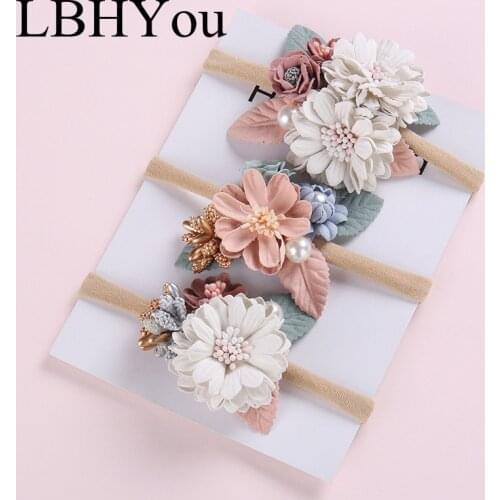 3pcs/lot 0-5T Super Soft Elastic Nylon Headbands With Flowers ,Vintage Floral Nylon Hairbands For Girls Hair Accessories