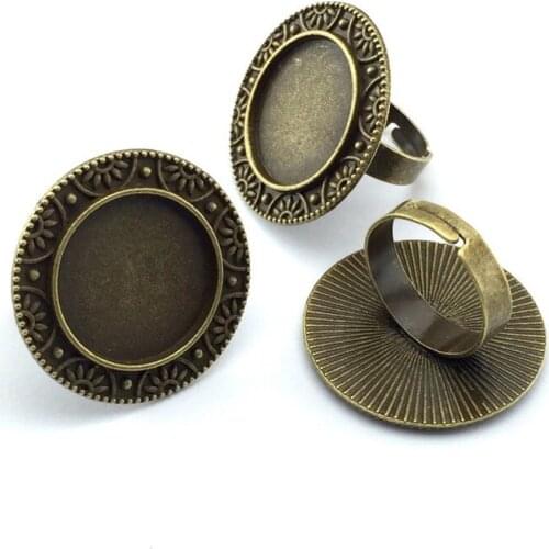 20mm 5pcs Ring Settings Antique Bronze Copper Plated Adjustable Round Glass Cabochon Blank Base Supplies for Jewelry F57