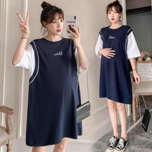 60966# Maternity Clothes Summer Cotton Short Sleeves Loose Stylish Dress Pregnant Women Mom Dress