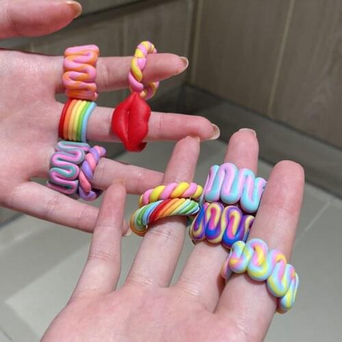 AOMU 1PC 2021 INS Summer Colorful Handmade Ploymer Clay Geometric Twisted Rings for Women Hit Color Wide Rings Jewelry Gifts