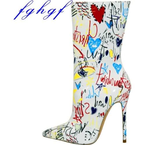 Fghgf 2018 new womens boots, 12cm pointed patent leather printed ankle boots are fashionable and sexy, suitable for weddings an