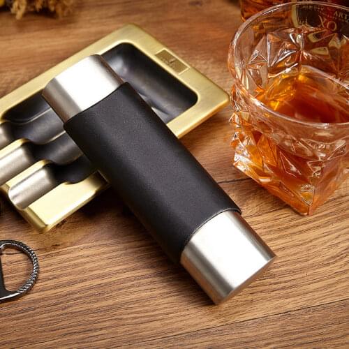 Original Stainless Steel Leather Travel Cigar Cigarette 2 Tube Case hold Leather Cigarette Case for Mens lady