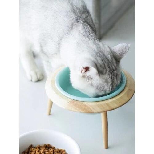 Oak frame flying saucer Bowl Ceramic pet bowl high foot cat bowl dog bowl cat food bowl ceramic bowl cat rice bowl water bowl