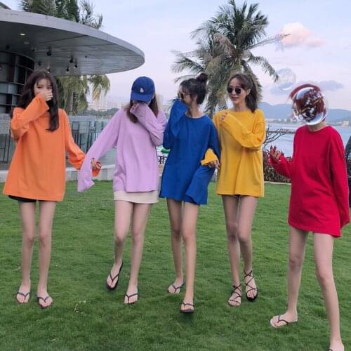 T-shirt Women Long Sleeve Loose Solid Simple Trendy Harajuku Womens O-Neck Korean Students Soft Leisure Clothing Various Color