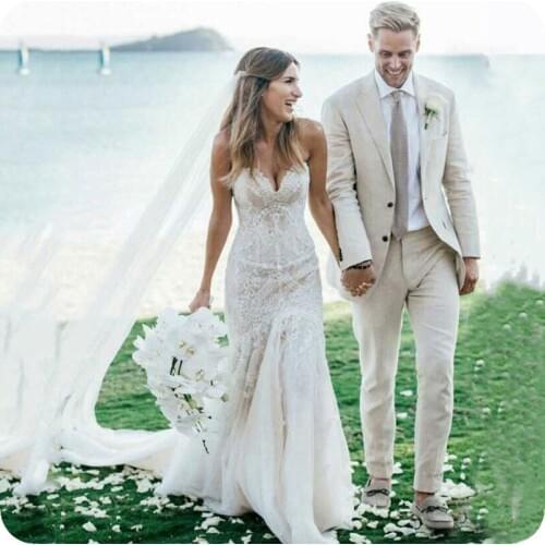 Summer Ivory Linen Groom Tuxedos Beach Wedding Suits for Men Blazers Sim Fit Terno Masculino Costume Homme 2Piece Groomsmen Wear