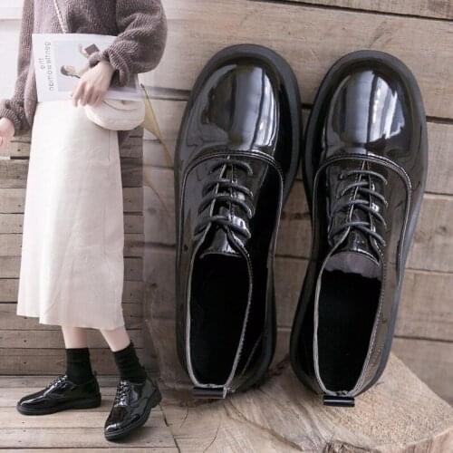 Solid Black Leather British Casual Shoes Woman Oxford Shoes for Women Round Toe Square Low Heels Lace Up Retro Brogues Plus Size