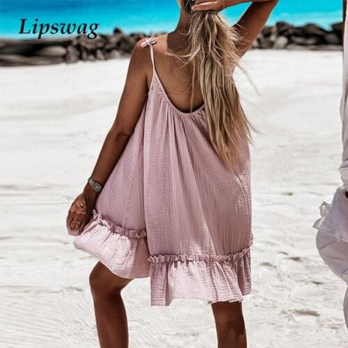 Casual Loose Beach Summer Dress Fashion Women Solid Sling Backless Mini Dress Sexy V Neck Sleeveless Ruffle Party Dress Vestidos