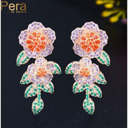 Pera Blooming Orange Flower Stamen with Green Leaf Dangle Drop Long Bridal Wedding Earrings for Brides Jewelry Accessories E739